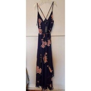 Lulus Maxi Dress Loiselle Navy Blue Floral Print Polka Dot Wrap Dress Size M NWT